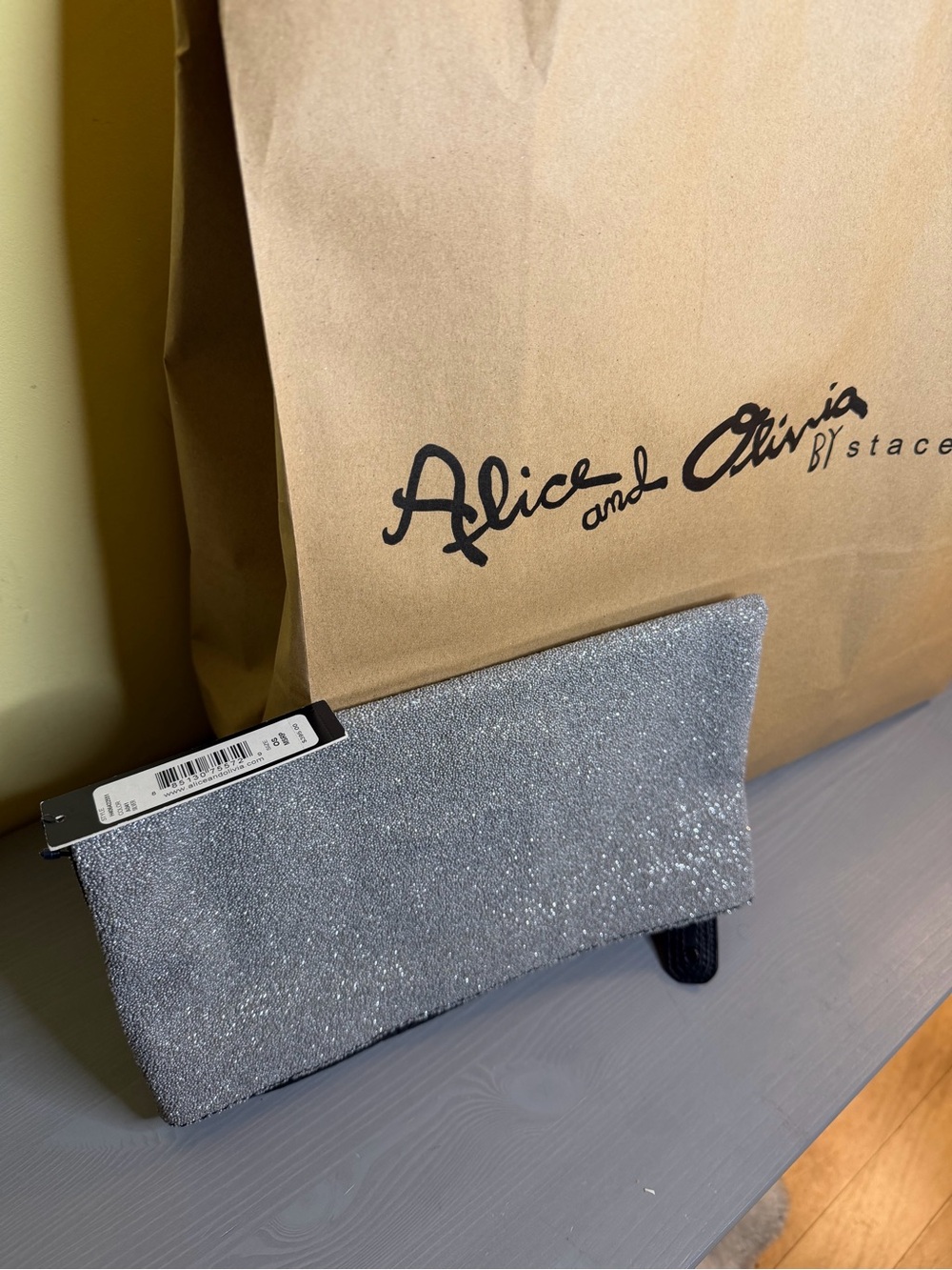 Alice + Olivia Silver Beaded Evening Clutch NWT